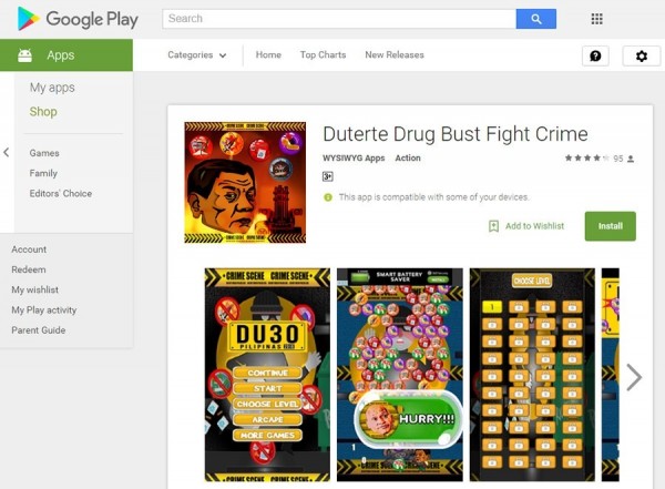 以杜特蒂為主角的手機app遊戲，在網路上十分熱門。（圖截自Google Play）