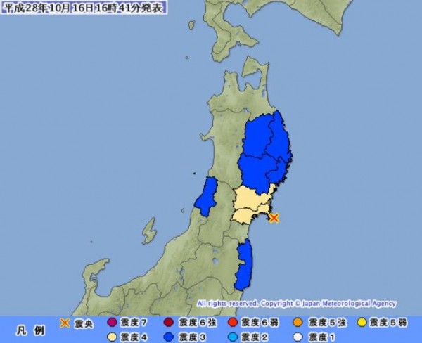 宮城縣稍早發生兩起地震，第一起地震規模較大，達芮氏規模5.3，最大震度為4。（圖擷取自日本氣象廳）