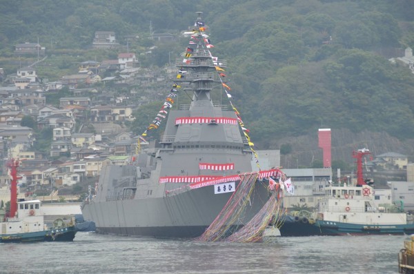 日本海上自衛隊新型護衛艦「朝日」今日在長崎舉行下水儀式。（圖擷取自海自官方社群）