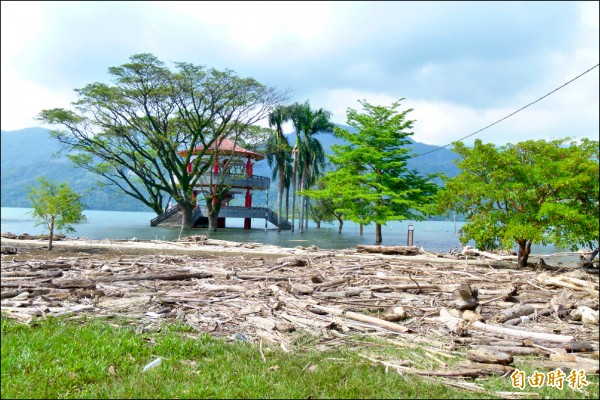 嘉義縣大埔鄉曾文水庫湖濱公園的六角亭前滿佈漂流木，美景大打折扣。（記者蔡宗勳攝）