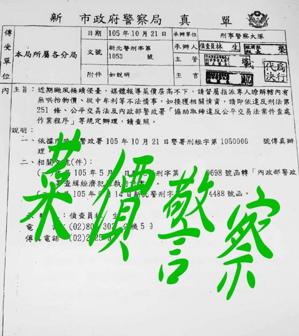 臉書專頁「待轉區就是一個格子齁」表示，某刑大要求各分局命令派出所長、副所長前往市場「查訪」菜價。（記者陳薏云翻攝自臉書）