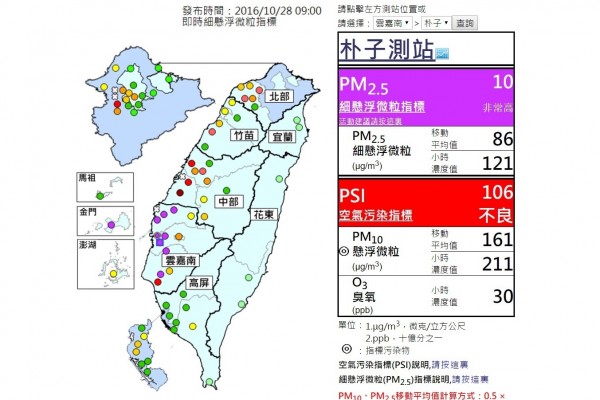 嘉義縣朴子測站PM2.5紫爆，空氣污染指標不良。（記者林宜樟翻攝）