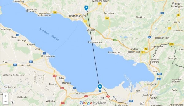 瑞士聖加倫阿爾滕萊茵機場（St Gallen-Altenrhein ）到德國腓特烈港（Friedrichshafen）航線開通，兩地飛行時間8分鐘創下全球最短國際航線紀錄。（圖取自google map）