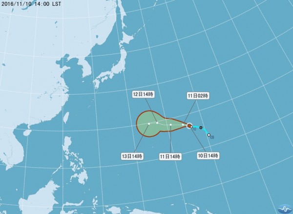 氣象局表示，輕颱馬鞍於今下午2時正式生成，圖為馬鞍颱風未來72小時路徑潛勢圖。（中央氣象局）