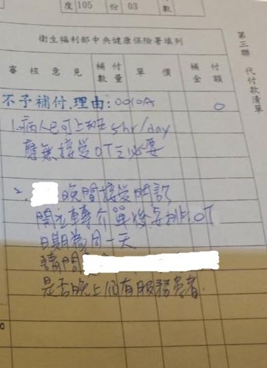 健保署不予給付醫療費用的理由單據。（擷自臉書）