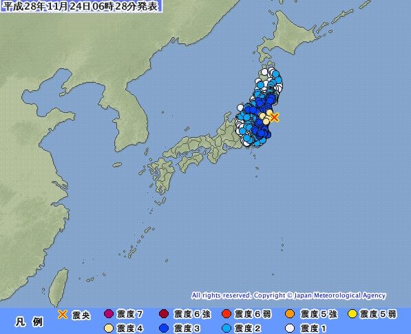 今天早上日本當地時間6點23分（台灣時間5點23分），福島縣外海再度發生芮氏規模6.1地震。（圖擷取自日本氣象廳）