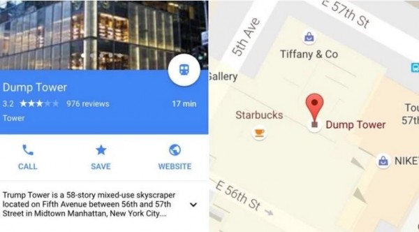 有Google Map使用者發現，川普大樓（Trump Tower）疑遭惡搞、一度變成「垃圾大樓」（Dump Tower）。（圖擷取自New York's PIX11）