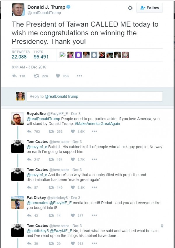 川普昨日於推特發言，表示接到總統蔡英文的祝賀電話。（圖擷取自川普推特）