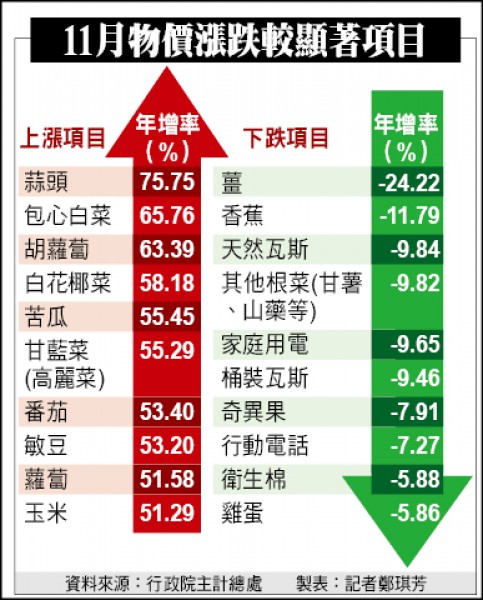 11月物價漲跌較顯著項目