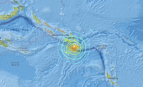 美國地質調查局（USGS）指出，太平洋島國所羅門群島發生規模7.8地震，深度41公里。（圖取自USGS）