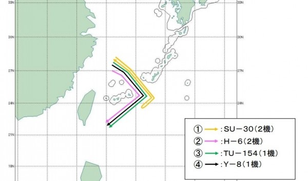 日本防衛省公布部分中國軍機的行徑路線概要。（取自日本防衛省新聞資料）