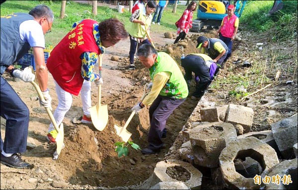 市議員林碧秀（左二）在大里塗城公園種植油桐樹，希望打造桐花步道。（記者陳建志攝）