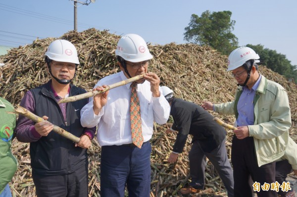 台糖公司董事長黃育徵（左二）親自試咬甘蔗原料，以檢驗品質。（記者林孟婷攝）