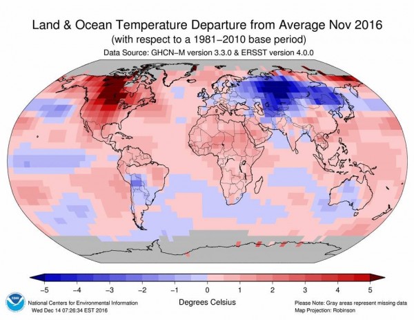 鄭明典指出，11月的全球均溫出現很極端的區域性高低溫分部狀況。（NOAA/NCEI）