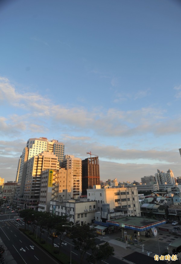 原本上午天空灰濛濛的高雄前金區，下午5點已略可見到藍天白雲，顯見空氣品質已好轉。（記者黃志源攝）