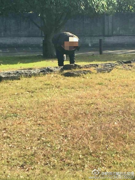 一名中國籍遊客，在日本長崎和平公園當眾脫褲便溺，圖片遭網友瘋傳。（圖擷自微博）