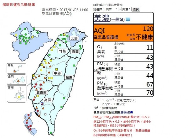 中午外出注意！西部11縣市PM2.5濃度偏高。（圖擷取自環保署空氣品質監測網）