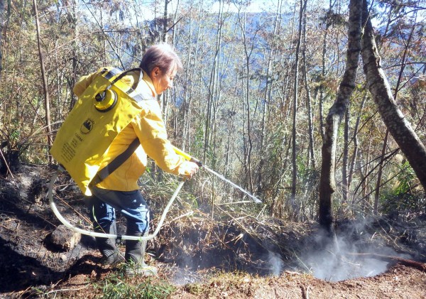 南投縣鹿谷鄉鹿屈山發生火警，林務局南投林管處派員前往滅火情形。（記者謝介裕翻攝）