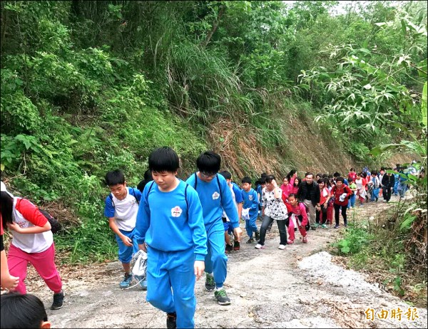 東山區四所國小學生160人，首次循著先民腳步，走訪東山迎佛祖的六溪古香路，山路崎嶇難行。（記者楊金城攝）