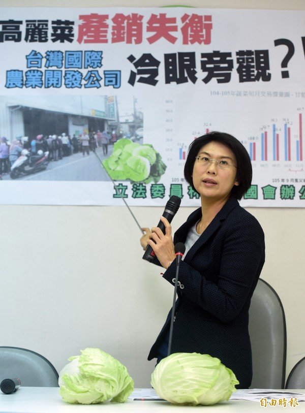 民進黨立委林岱樺19日舉行「高麗菜產銷失衡農糧署沒轍、台灣國際農業開發公司冷眼旁觀」記者會，質疑農委會調控不力。（記者廖振輝攝）