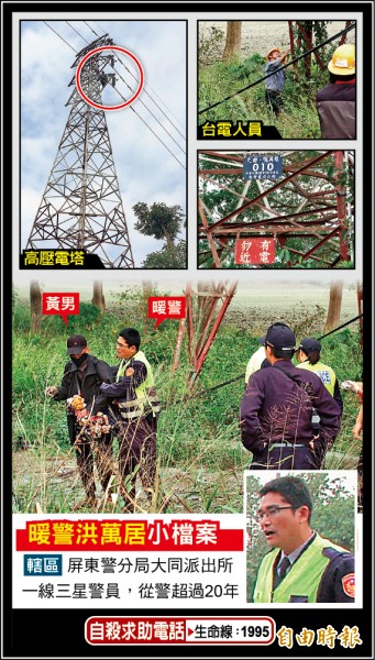 台電人員檢視高壓電塔，直呼黃男命大。（記者李立法攝）
警費心苦勸，才把攀爬電塔的黃男勸下來。（記者李立法攝）
黃男爬上近30公尺高的電塔，險些碰觸6萬9千伏特的高壓電線，令警消捏把冷汗。（記者李立法翻攝）