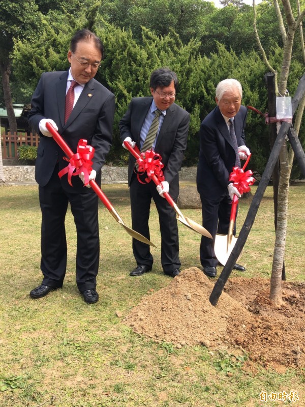 桃園市長鄭文燦（圖中）、與台灣之友會總會長黃崑虎（圖右）、日本台灣交流協會代表沼田幹夫一同種植河津櫻。（記者謝武雄攝）