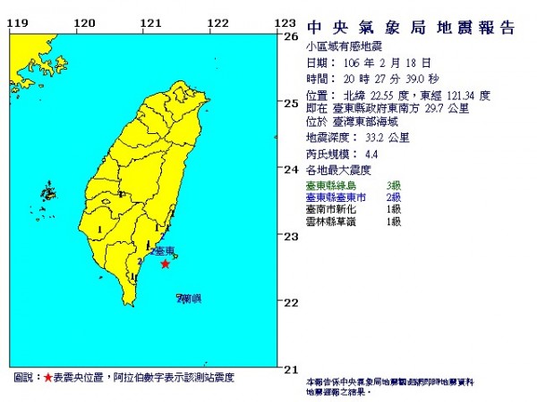 中央氣象局指出，東部海域在今晚間8點27分左右發生芮氏規模4.4的小區域有感地震，地震深度33.2公里。（圖擷自中央氣象局）