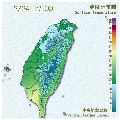 今天全台氣溫持續走低，彰化溫度也驟降，醫院提醒民眾務必做好保暖工作。（圖擷自中央氣象局）