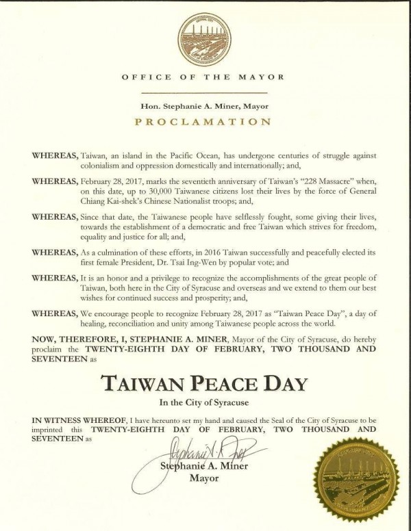 美國紐約州雪城公告今天為台灣和平日。（翻攝自FAPA臉書）