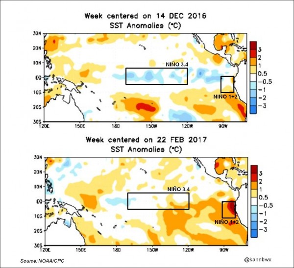 2月底的太平洋海水溫度顯示，秘魯外海出現異常升溫現在，科學家警告聖嬰或捲土重來。（圖擷自NOAA）