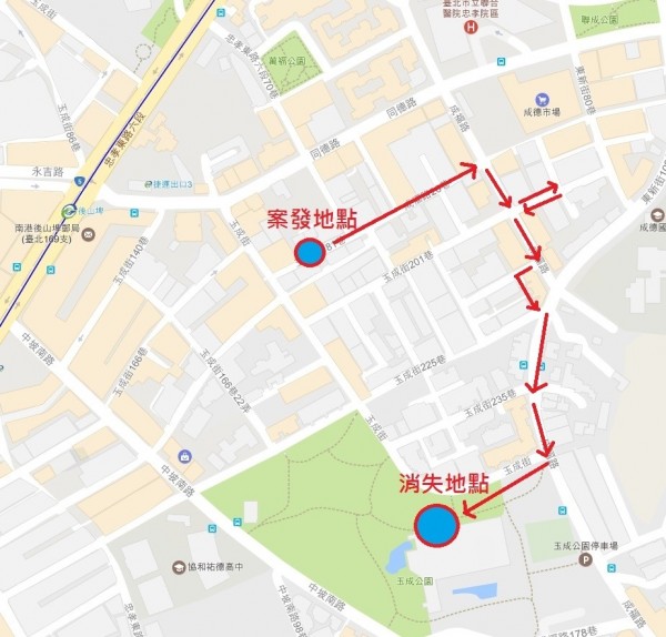 肇事犬隻行經路線圖。（圖由台北市動保處提供）