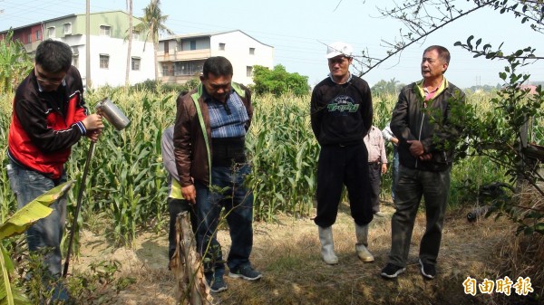 民雄鄉興南村長金宏癸（左二）帶領相關人員查看偷排汙水情形。（記者蔡宗勳攝）