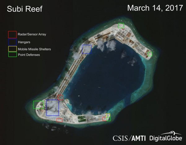 美國智庫公布3月14日的渚碧島衛星照顯示，中國建設多項軍事設施。（圖擷自AMTI）