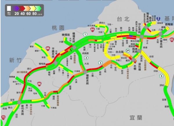 上午11點北部國道多處路段時速仍不到40公里。（圖：擷取自高公局網站）