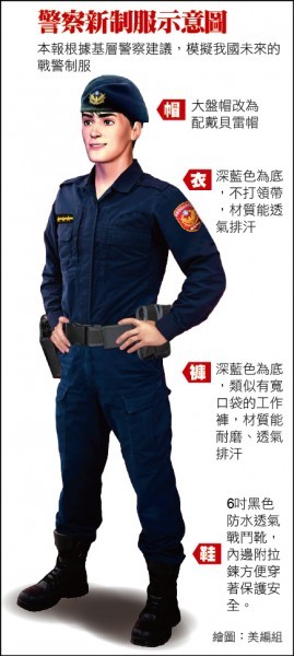 警政署已成立專案委員會研議新制服，並著手透過臉書、網路廣徵意見。警察新制服示意圖。