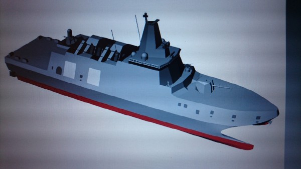 軍方第一批量產型沱江級軍艦定案，將會拉長放寬，還要加裝天劍二型防空飛彈。圖為海軍司令部公佈的示意圖。（記者羅添斌翻攝）