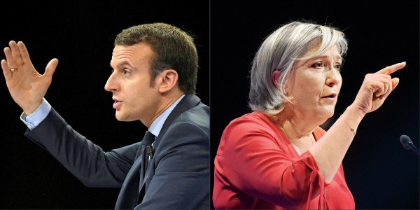 法國前經濟部長、中間偏左派「前進黨」候選人馬克宏，將與極右派「民族陣線」女黨魁勒班，在七日的總統大選決選中對決。（法新社檔案照）