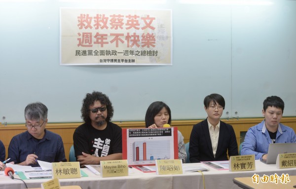 台灣守護民主平台今召開「救救蔡英文，週年不快樂！民進黨全面執政一週年之總檢討」記者會，民調顯示民眾對蔡政府滿意度跌破2成。（記者張嘉明攝）