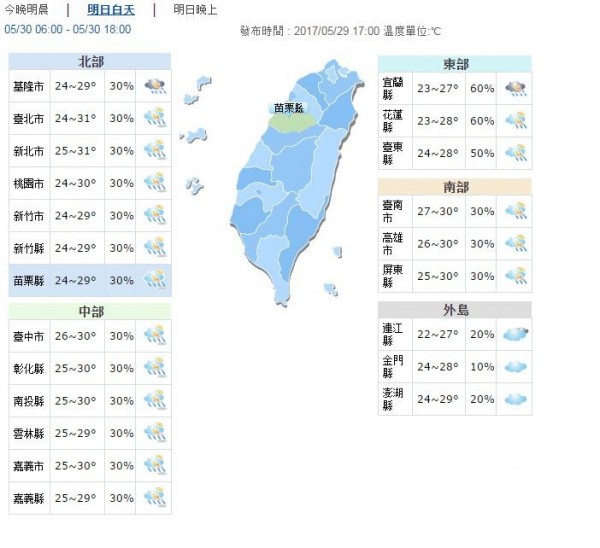 受暖濕空氣影響，明天氣將較悶熱。（圖擷自中央氣象局）