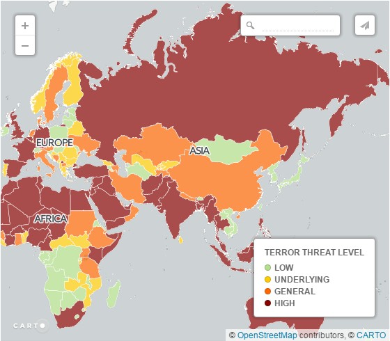 英媒繪出全球恐攻風險地圖，大眾出國前可預先查詢目的地是否危險。（翻攝自The Telegraph）
