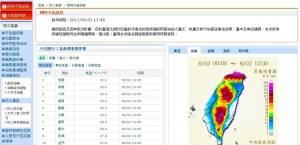 鋒面持續南壓，氣象局提醒中南部山區嚴防強降雨。（翻攝自中央氣象局）