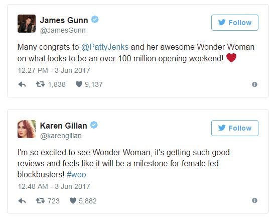 《星際異攻隊2》導演詹姆斯岡恩（上）、「涅布拉」凱倫吉蘭也都同聲力挺大讚《神力女超人》。（合成圖，翻攝自推特）