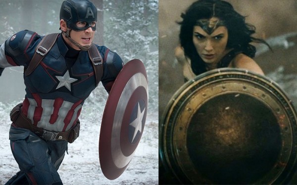 由於美國隊長（左）與神力女超人（右）都是在1941年被創造出來的，使用的主要武器還主要都是盾牌，被粉絲們戲稱是「持盾老人們」。（合成圖，翻攝自漫威、YouTube）
