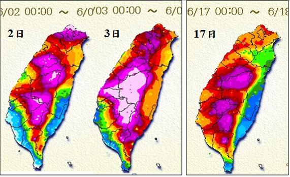 吳德榮在表示，17日是「第二波」典型梅雨鋒降雨最多的一天，但與「第一波」梅雨鋒在2日和3日的降雨比較起來，略遜一籌。（圖擷取自洩天機教室網站）