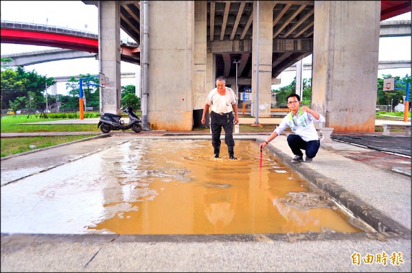 位於國道一號、六十六快速道路交會橋下的平鎮運動公園，今年初才啟用的沙坑，接連梅雨過後竟變水池。（記者李容萍攝）