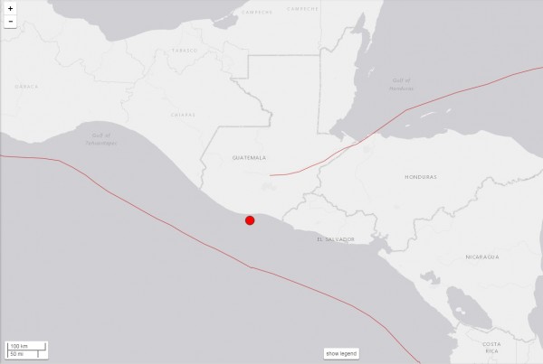瓜地馬拉今日發生規6.8的地震，紅點處為震央。（圖擷取自USGS）