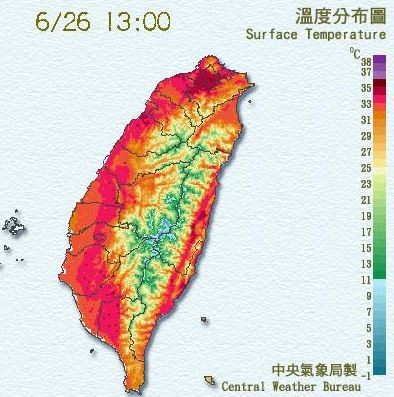 氣象局板橋測站於下午1點30分測得36.2度高溫，台北測站則是35.6度。（圖擷取自中央氣象局）