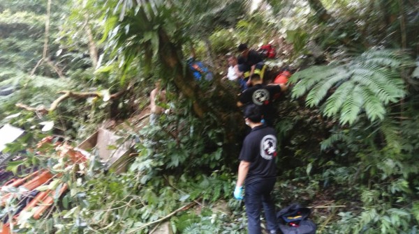 張男駕駛挖土機連人帶車翻落山坡。（記者陳薏云翻攝）