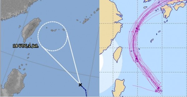 今日最新的日本官方預報及美國模式模擬，熱帶低壓的路徑可能向石垣島一帶前進，今晚至明上午邊緣掠過台灣東北部海面。（圖截自氣象局）