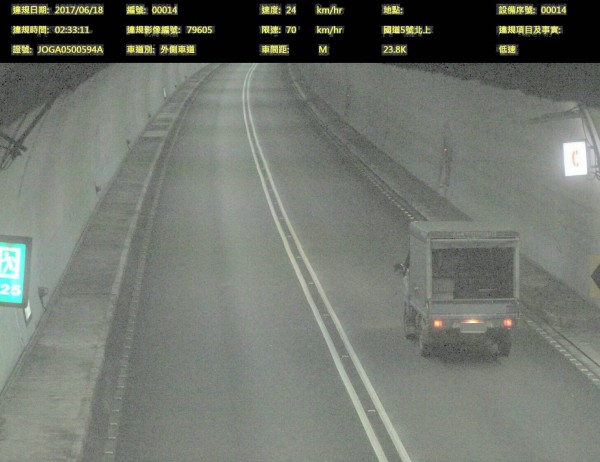 小貨車在雪隧內時速竟只有24公里，比人類平均短跑速度還慢。（記者林敬倫翻攝）